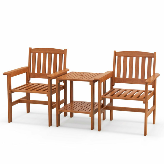 Ensemble de meubles de patio 2 places en bois salon de jardin avec 2 chaises table basse et trou pour parasol