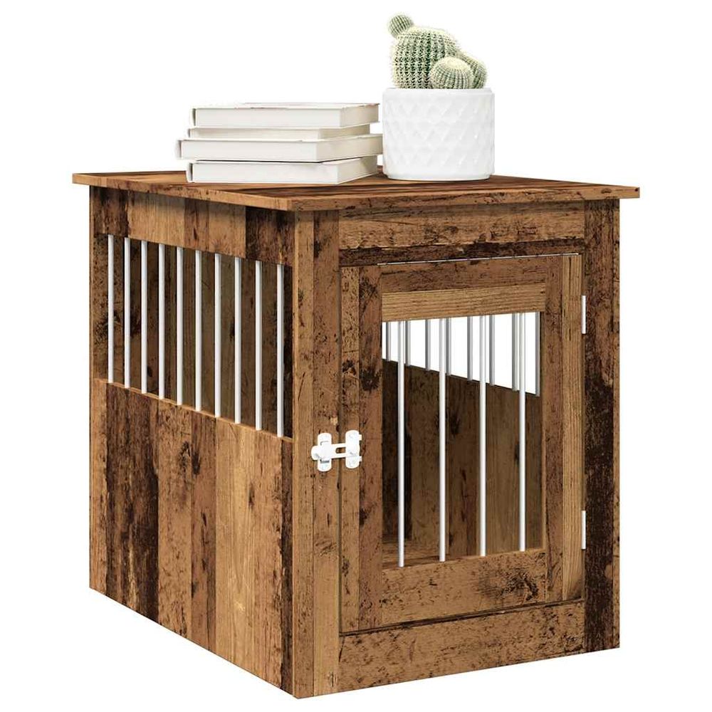 Meuble cage chien 2-en-1 bois acier table d'appoint intérieur vieux bois 65cm