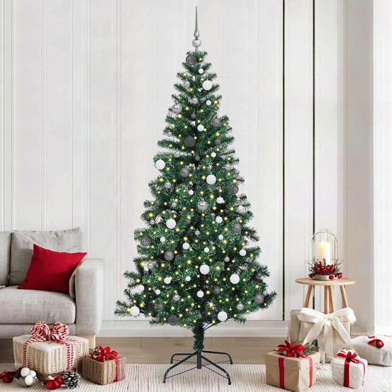 Kit sapin de noël xxl 240 cm, pré-illuminé et décoré avec 120 boules rouges