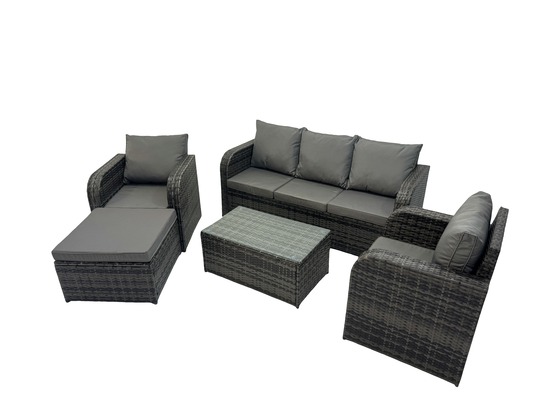 Salon de jardin exterieur ensemble de canapés en rotin avec chaise inclinable table basse grand tabouret gris foncé mixte