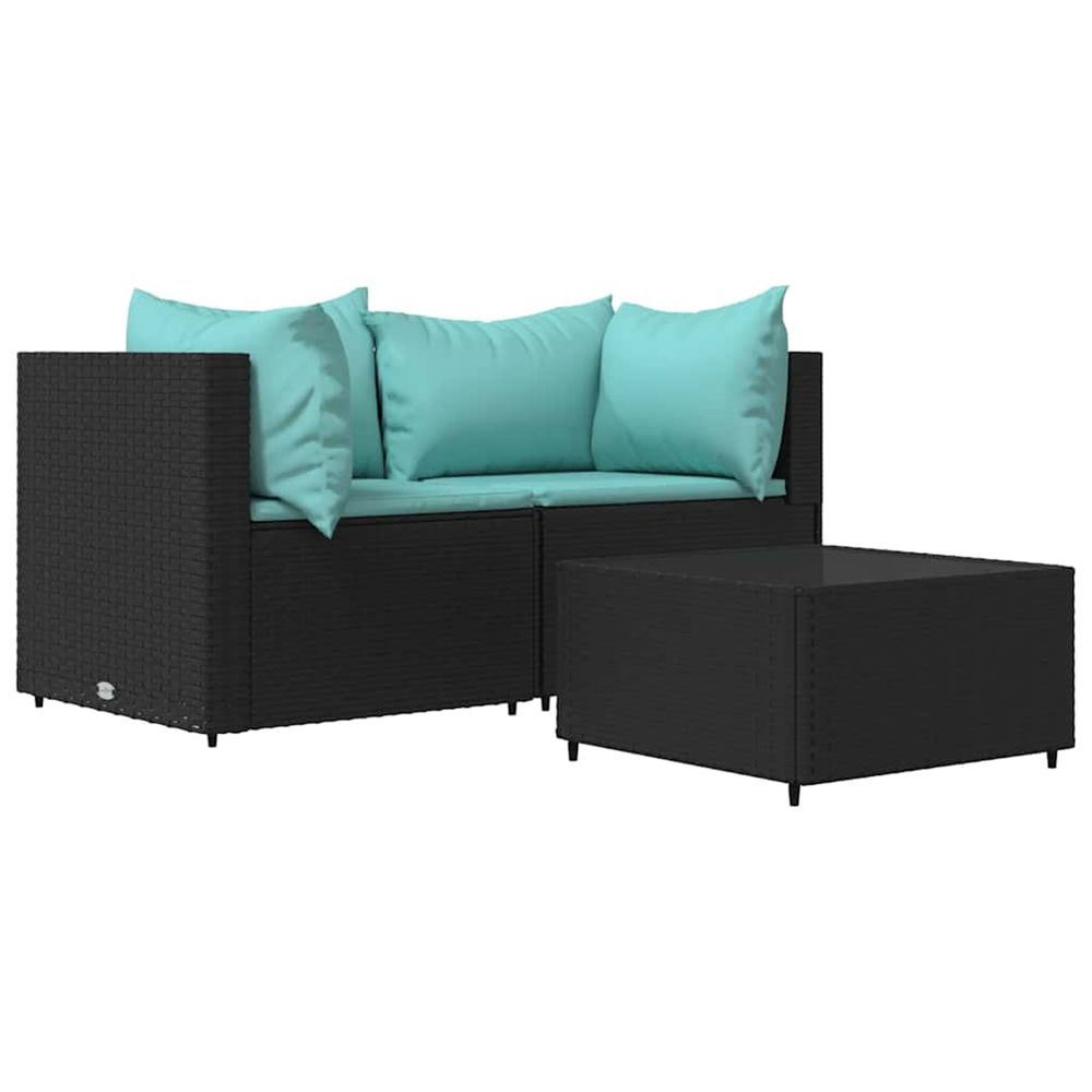 Salon de jardin 3 pcs avec coussins noir résine tressée