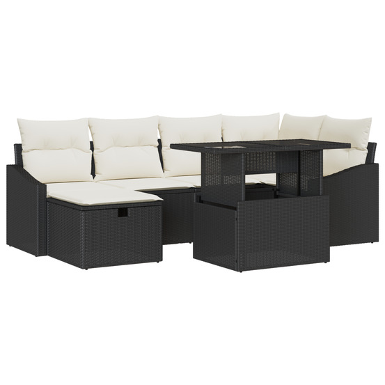 Ensemble de canapés de jardin 7 pièces avec coussins noir poly rattan