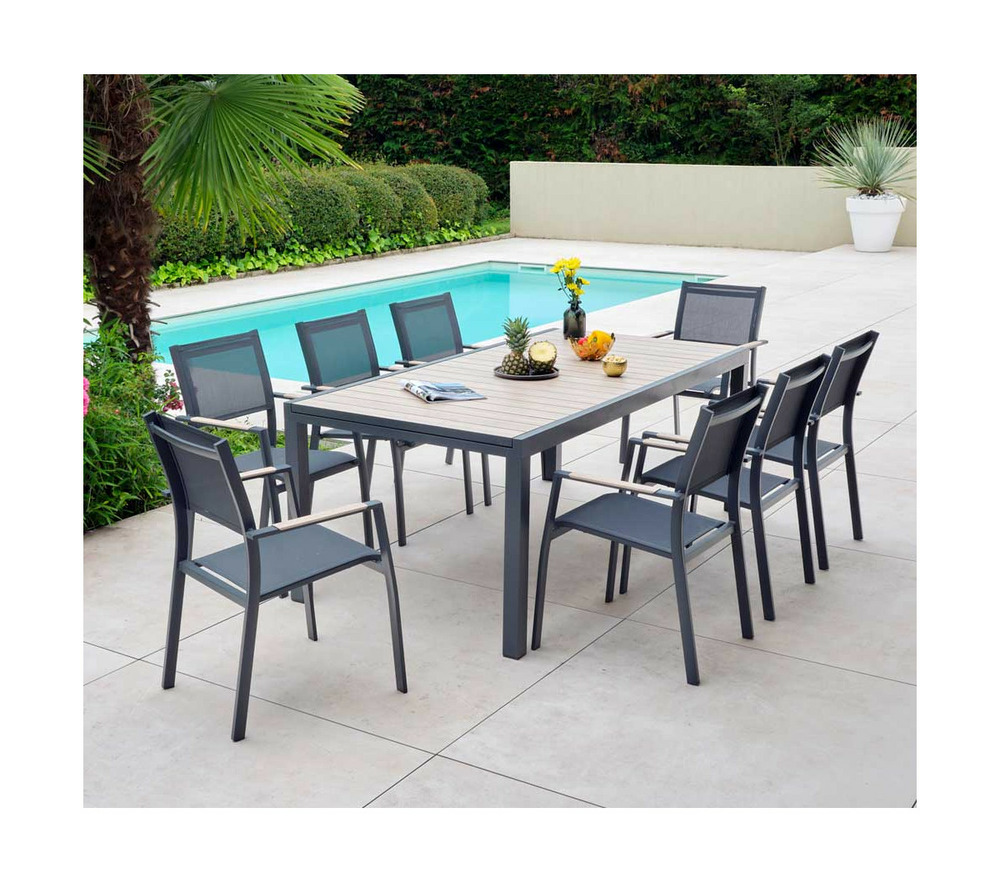 Ensemble table et chaises de jardin - 8 places - effet bois - oleron