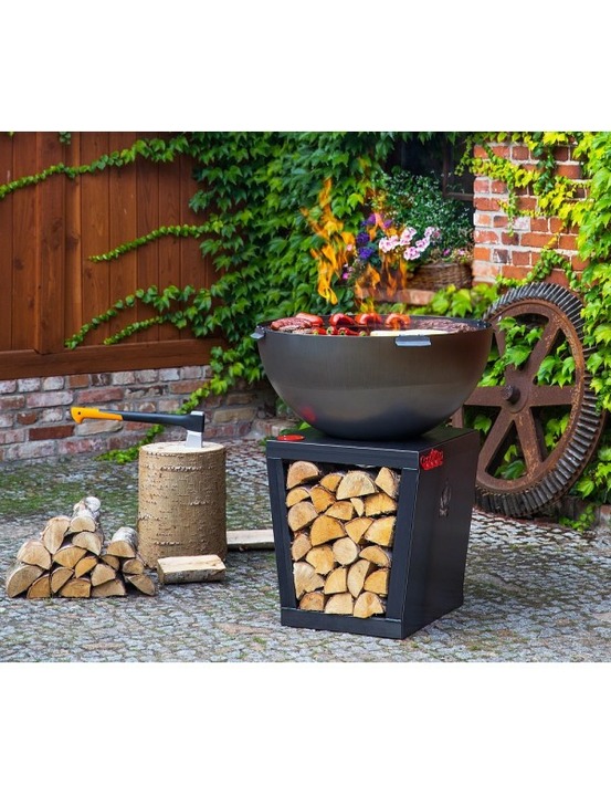 Braséro barbecue premium santos 85 cm avec plaque de cuisson et range bois-noir-noir-85 ---braséro seul