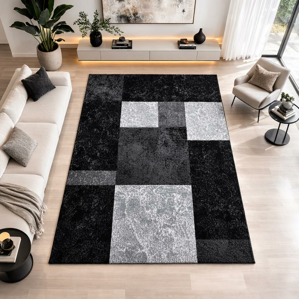 Tapis grand salon 200x290 tissé noir et gris rectangle motif géométrique