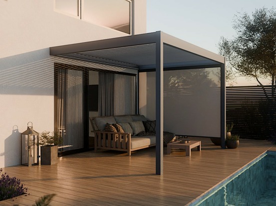 Pergola bioclimatique aluminium adossee 12m² - 3x4m - store latéral inclus - 29 lames en acier galvanisé inclinables a 90 degrés