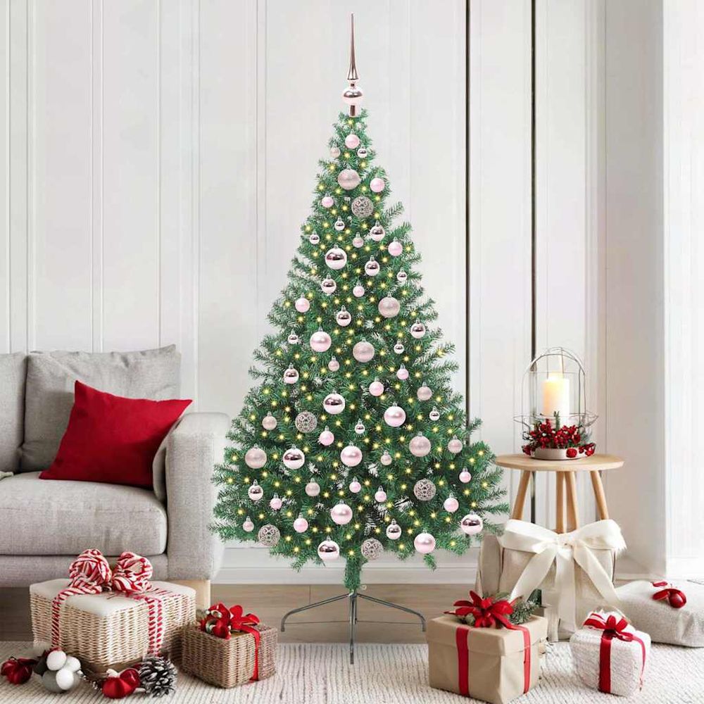 Sapin artificiel touffu 180 cm avec lumières led blanc chaud et boules or & argent