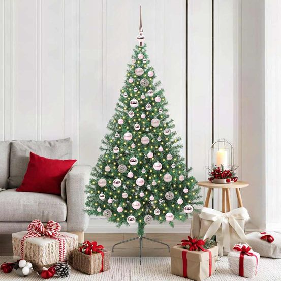 Sapin artificiel touffu 180 cm avec lumières led blanc chaud et boules or & argent
