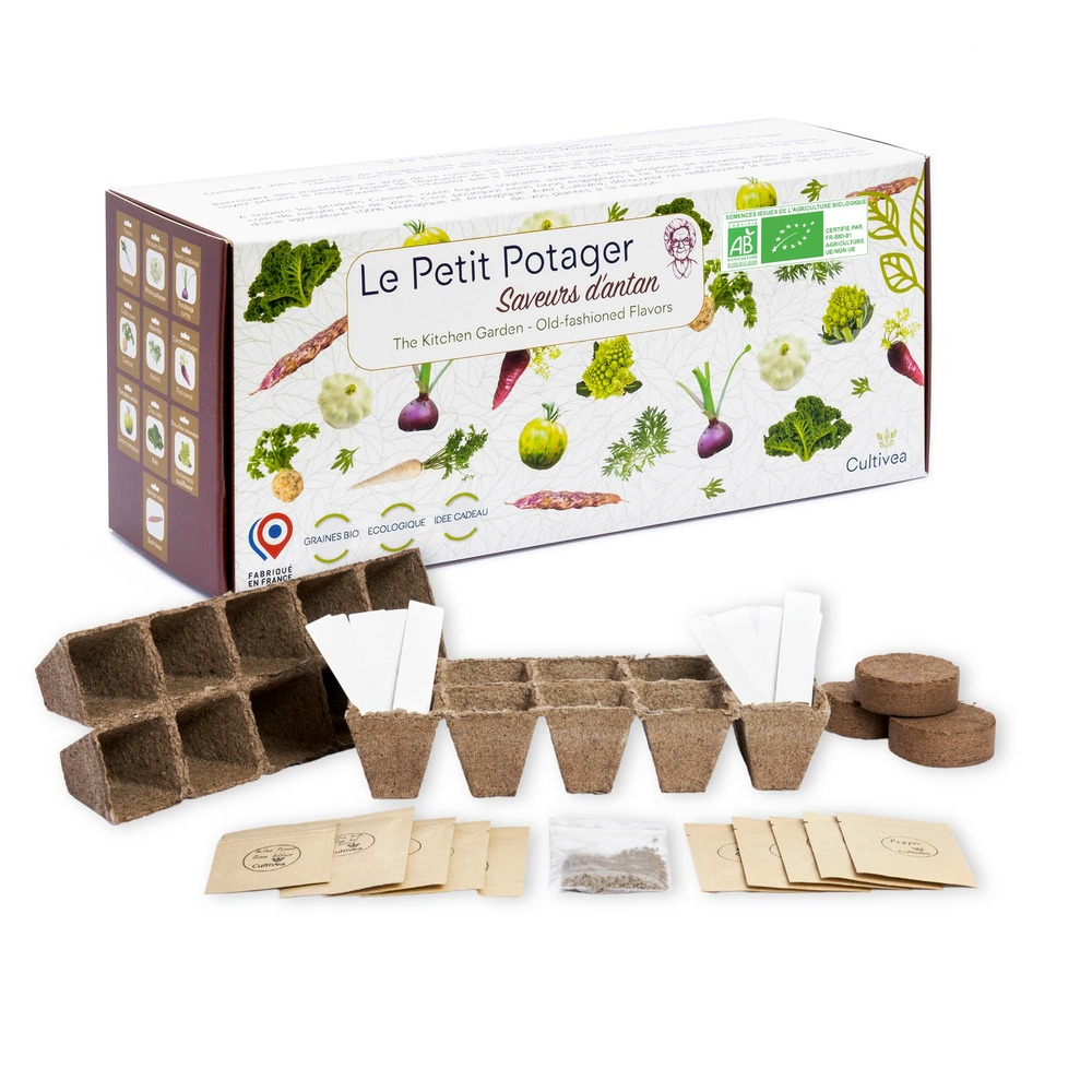 Cultivea le kit prêt à pousser petit potager saveurs anciennes - herbes aromatiques, tomates, chou kale, carotte