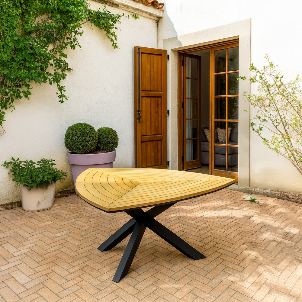 Table de jardin triangulaire en teck et aluminium coloris teck et anthracite