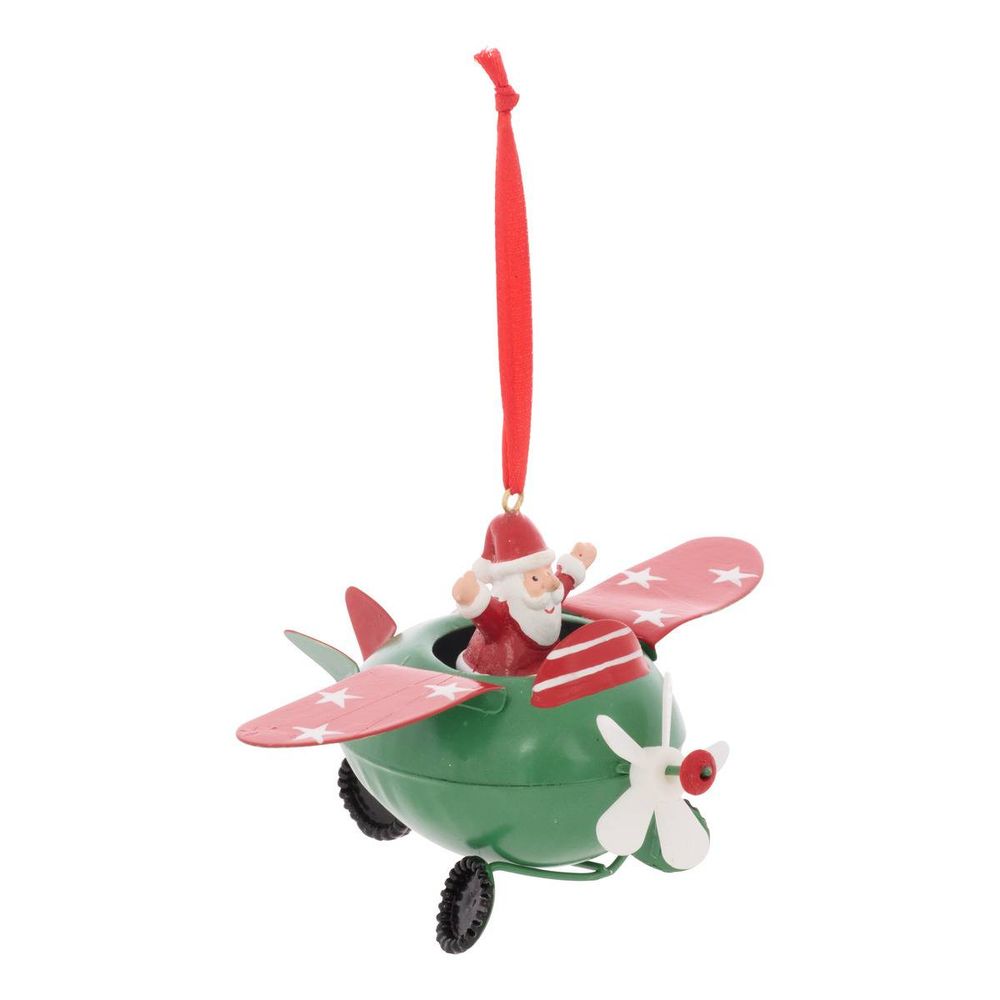 Suspension de sapin avion père noël en métal 13 cm
