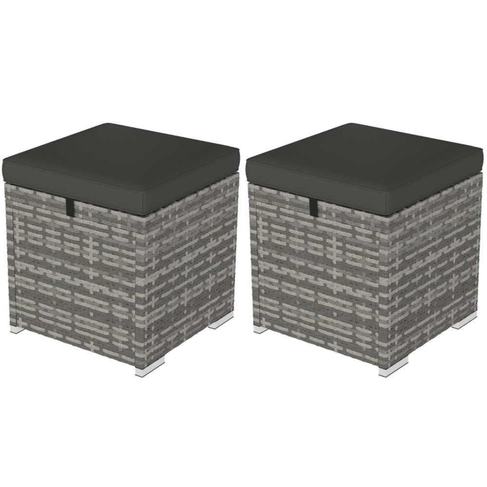 Ensemble de 2 tabourets aspect rotin, avec espace de rangement et coussins, en rotin gris foncé