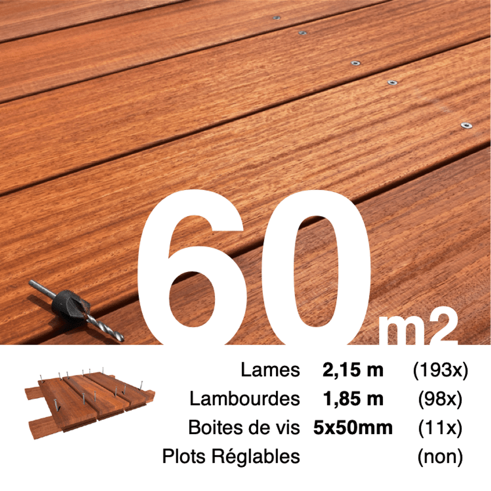 Kit terrasse bois exotique padouk pour 60 m², lames 2,15 m, lambourdes 1,85 m et visserie inox.