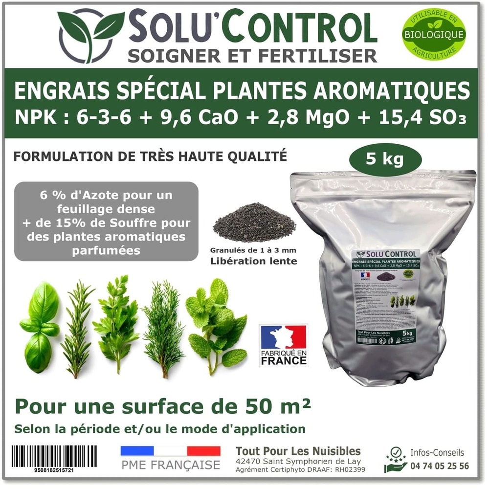 5 kg - engrais spécial plantes aromatiques npk 6-3-6 - favorise un feuillage dense - uab