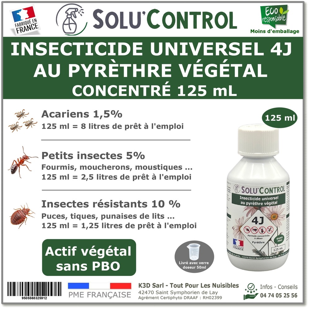 Solu’control insecticide végétal 4j concentré 125 ml – actifs 100% végétaux, pyréthrines naturelles & huiles essentielles – acarien