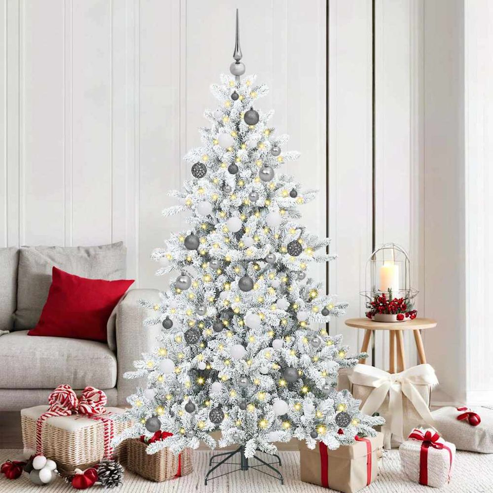 Décoration de noël : sapin artificiel blanc 180 cm tout inclus avec 300 led et 120 boules