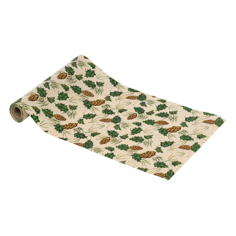 Chemin de table tissu beige avec pommes de pin et feuilles de houx 28 x 300 cm