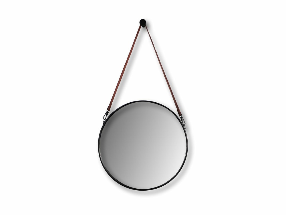 Miroir rond avec attache en cuir synthétique noir 49 x 3 x 68