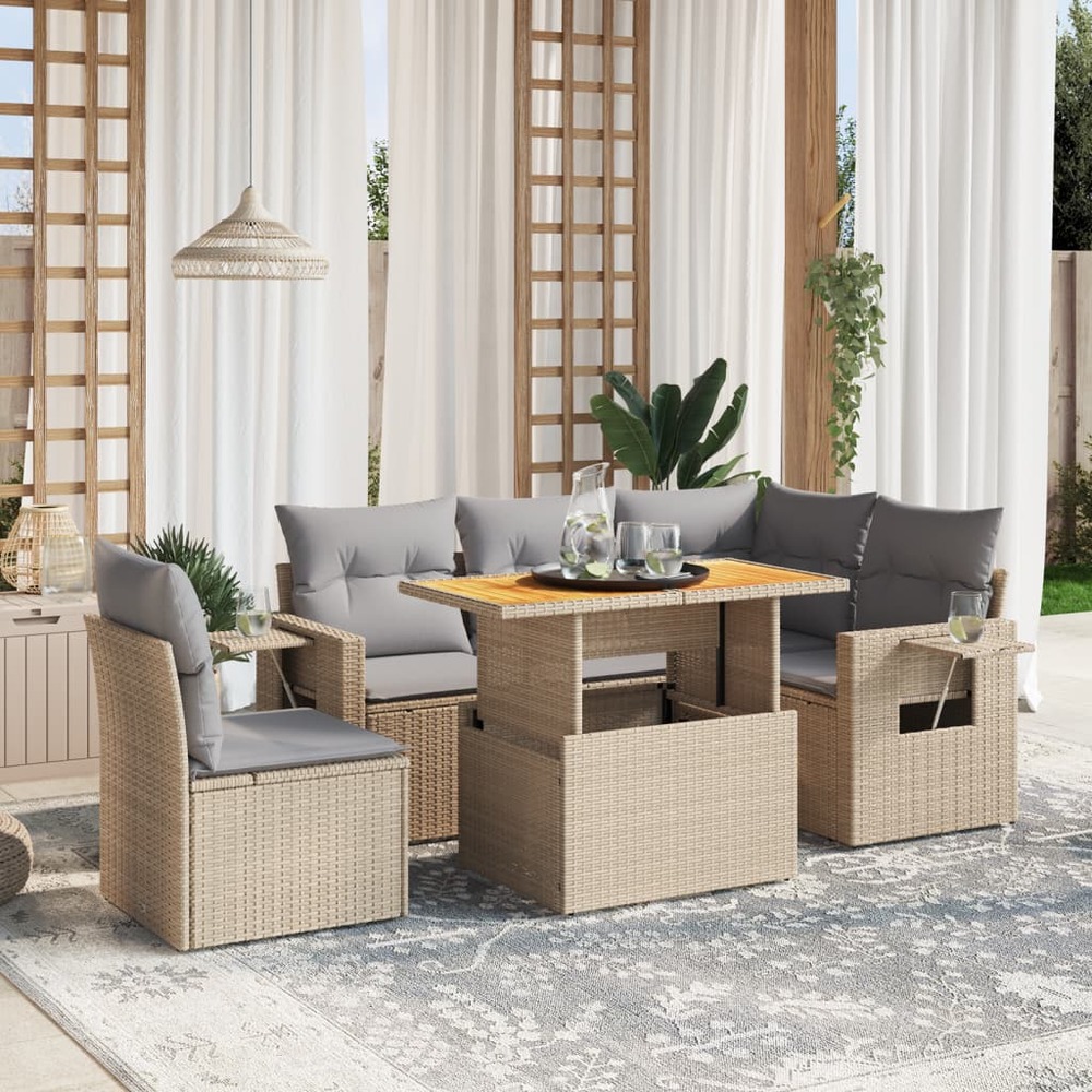 Salon de jardin avec coussins 6 pcs beige résine tressée