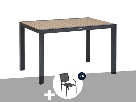 Table de jardin rectangulaire alu evasion 4 places effet bois + 4 fauteuils piaz