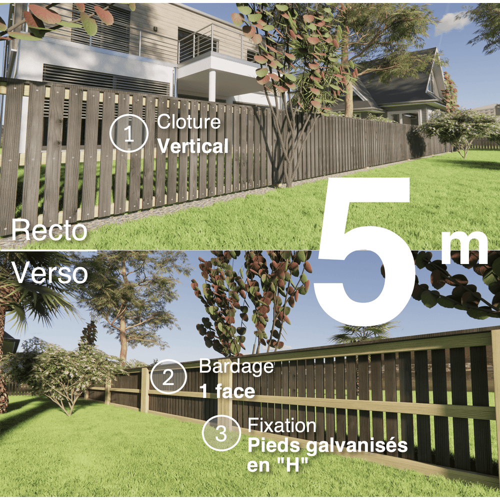 Kit clôture bois moderne 5m – h 0,9m – 20 x 70 mm noir par trempage – pose vertical – simple face – support galva