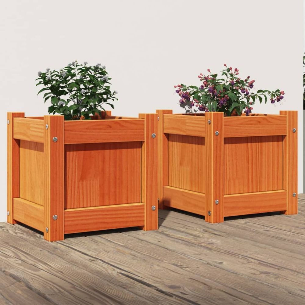 Lot de 2 jardinières carrées bois de pin massif cire marron 31cm