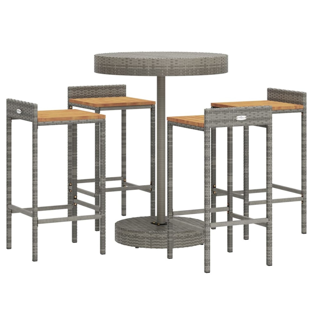 Ensemble de bar de jardin meuble extérieur terrasse 5 pièces gris poly rotin/bois massif acacia
