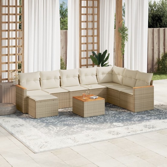 Salon de jardin avec coussins 9 pcs beige résine tressée