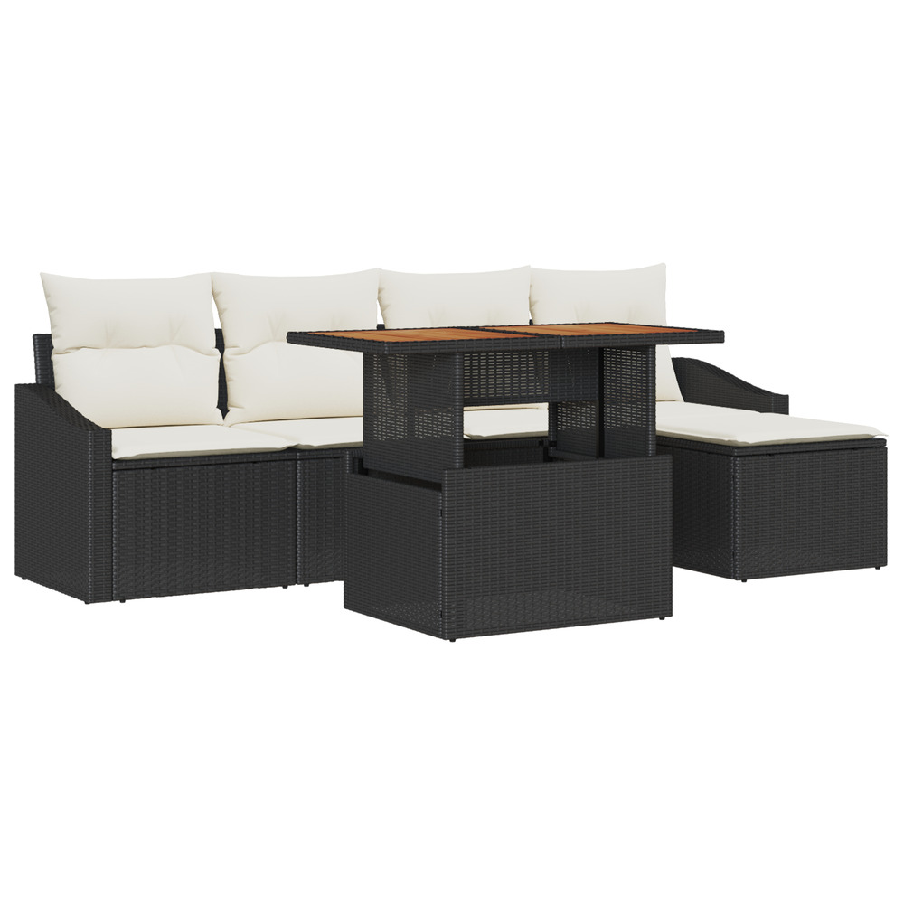 Ensemble de salle à manger jardin de 6 pièces avec coussins rattan poly noir acacia