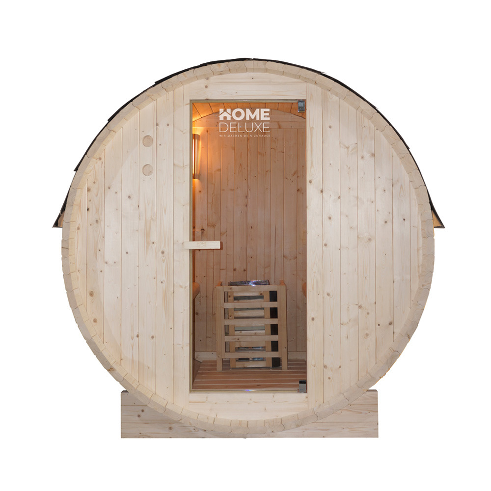 Home deluxe - sauna extérieur en tonneau lahti m - dimensions : lxpxh : env. 185 cm x 120 cm x 185 cm, bois : épicéa - avec poêle et