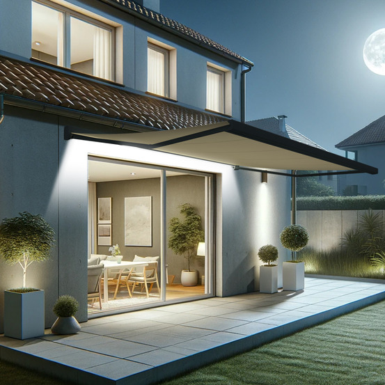 Store banne coffre intégral soa 5,00x3,50 m (motorisé secours à télécommande + led - gris anthracite stucturé ral7016st - écru)