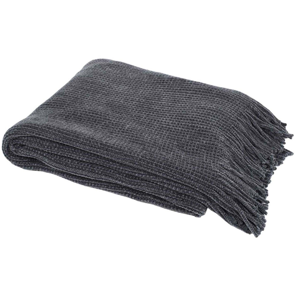 Plaid chenille en polyester avec franges 120 x 150 cm gris