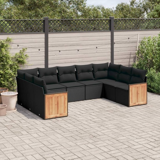 Salon de jardin 9 pcs avec coussins noir résine tressée