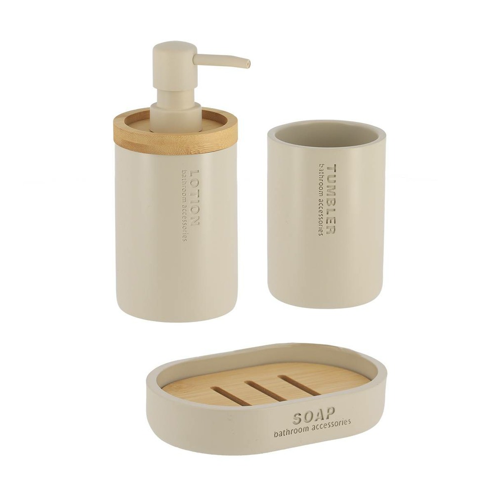 Set gobelet distributeur a savon et porte savon polyresine - beige/bambou