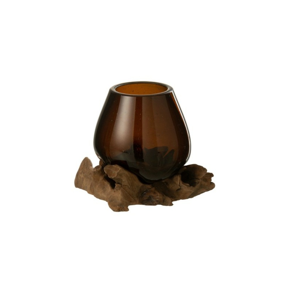 Vase sur pied bois en verre recyclé marron 13x13x17 cm