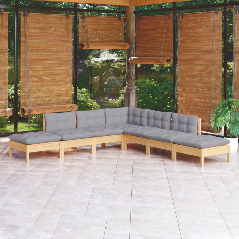 Salon de jardin 7 pcs avec coussins gris bois de pin