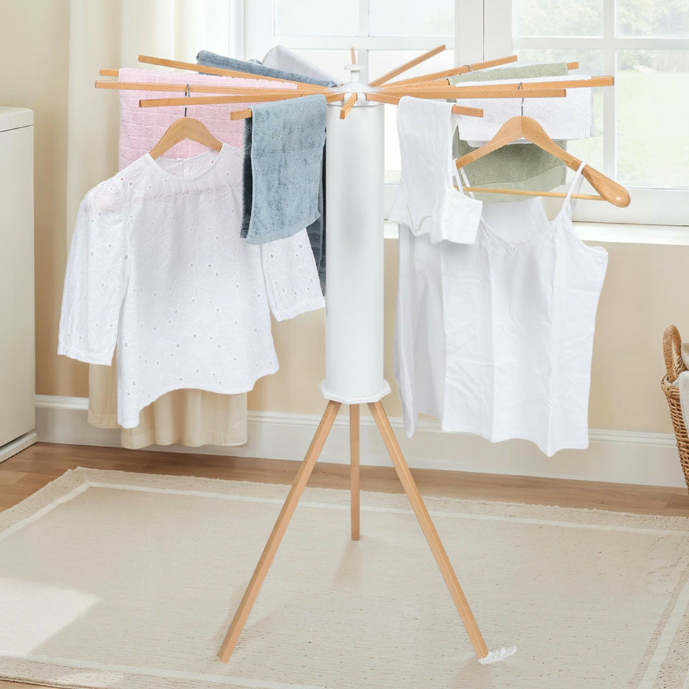 Séchoir à linge à rayons rotatif et pliable capacité 21m blanc et bois
