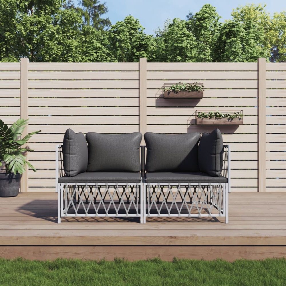 Salon de jardin avec coussins 2 pcs blanc acier