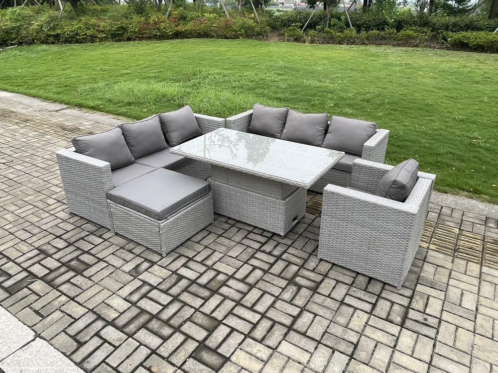 Meubles à manger de jardin en rotin 2 canapé, et fauteuil, grand tabourets pour pelouse terrasse intérieure gris clair