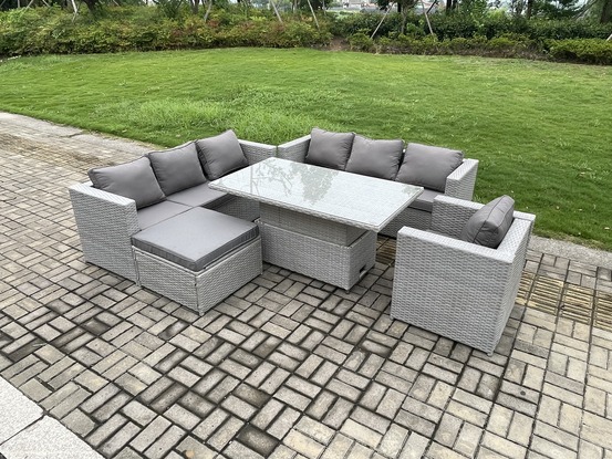 Meubles à manger de jardin en rotin 2 canapé, et fauteuil, grand tabourets pour pelouse terrasse intérieure gris clair