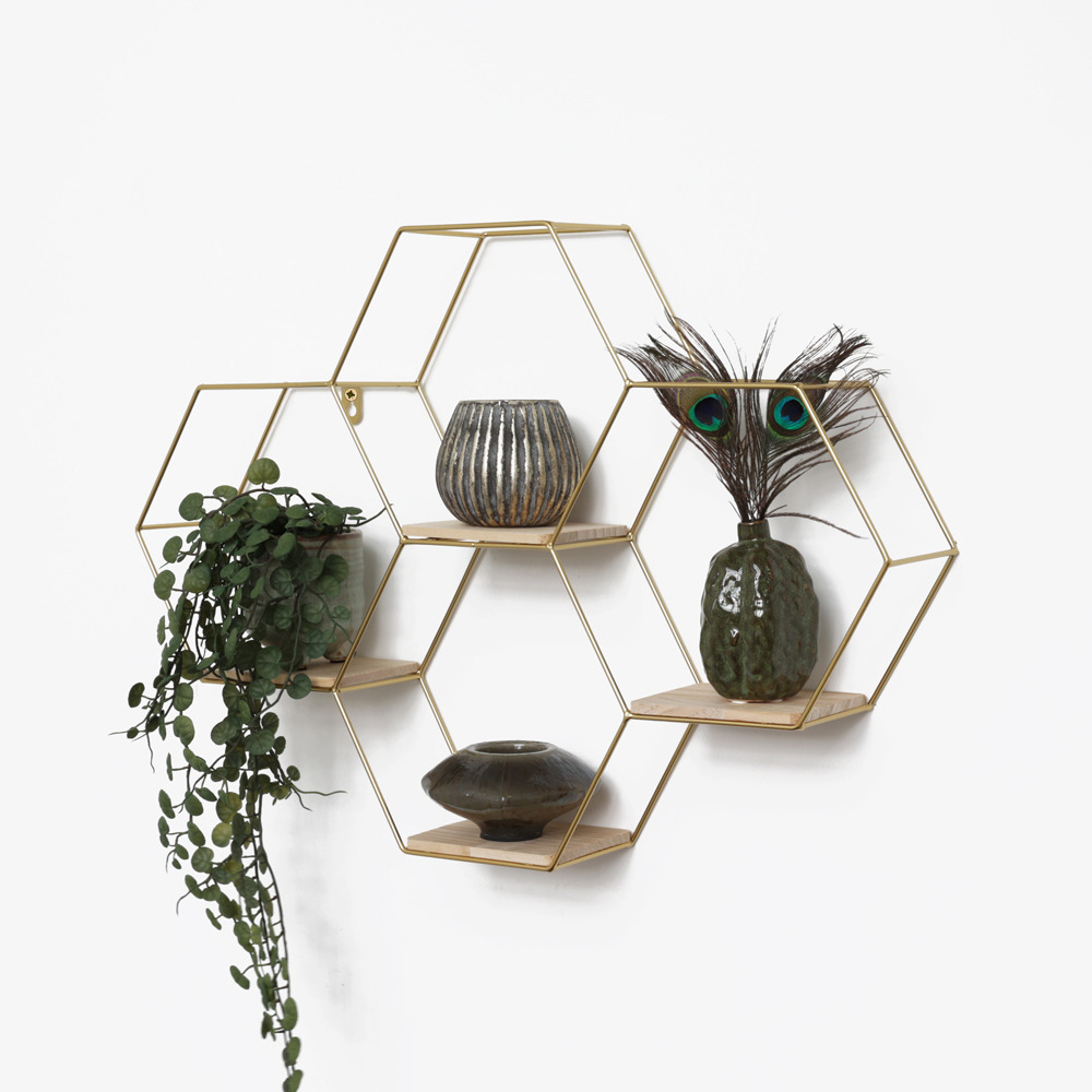 Étagère murale hexagonale quadruple en métal - 40,5 x 58 cm - or