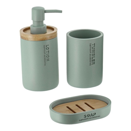 Set gobelet distributeur a savon et porte savon polyresine - vert eucalyptus/bambou