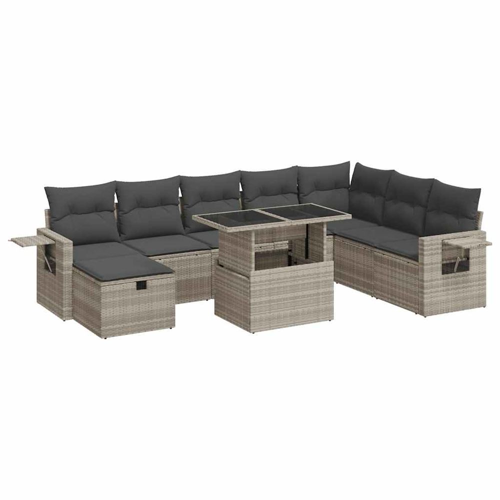 Salon de jardin 9 pcs avec coussins gris clair résine tressée