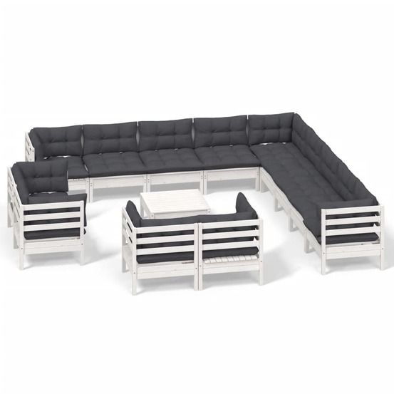 Salon de jardin 14 pcs avec coussins blanc bois de pin solide