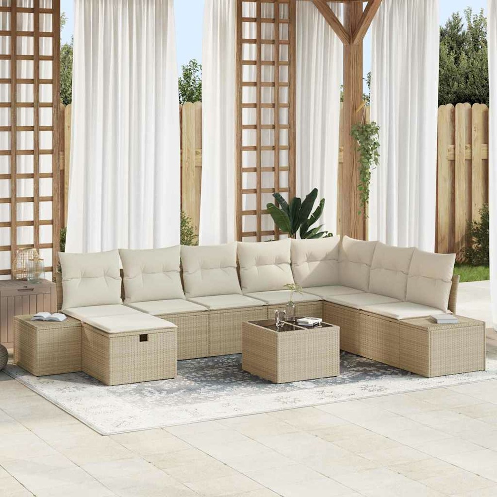 Ensemble de canapé de jardin avec coussin 9 pcs beige polyrotin