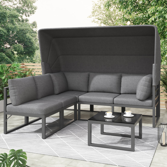 4 chaises longues jardin: îlot + coin salon + tabouret + table + auvent, résistant intempéries, coussins incl gris