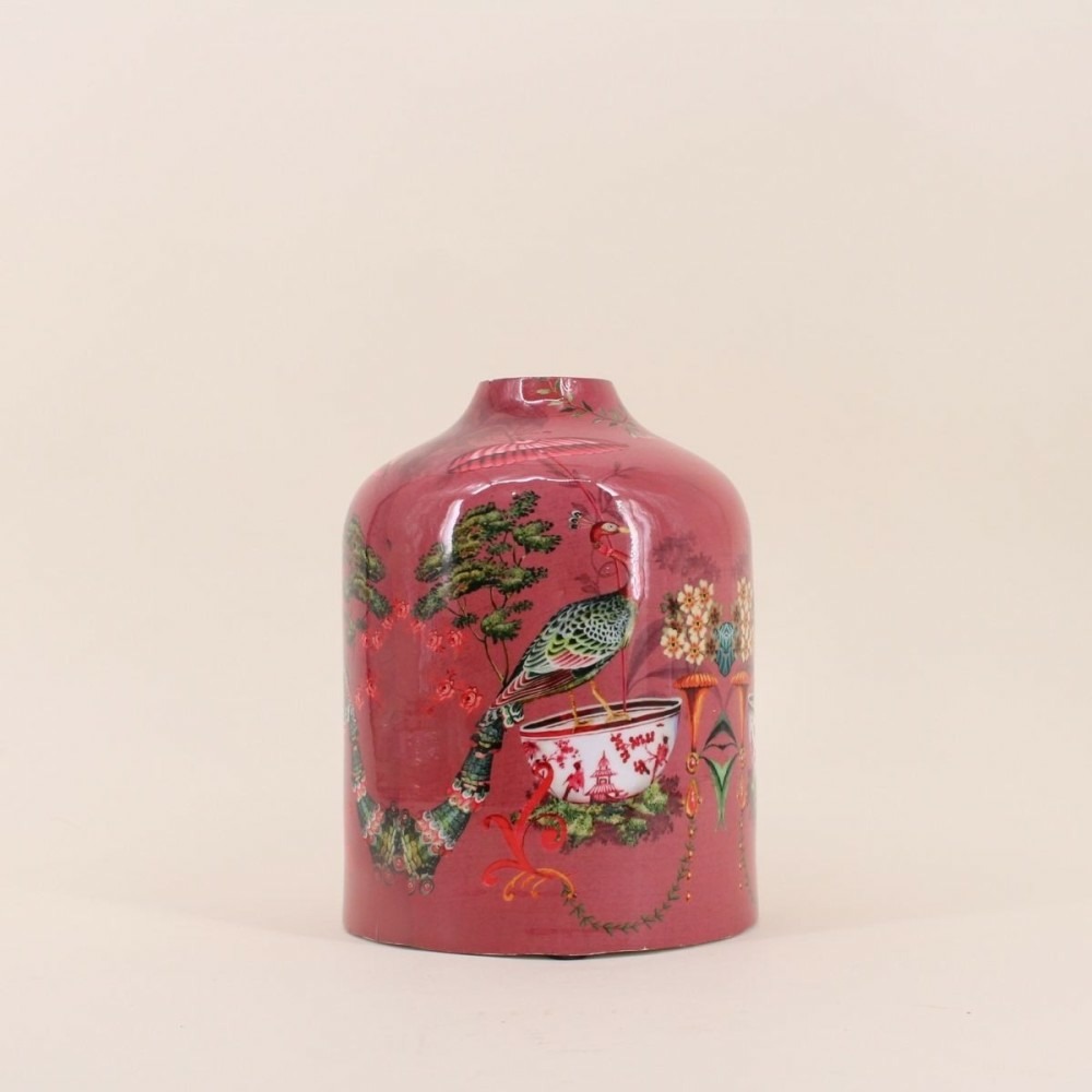 Vase col de cygne en métal laqué rose asian fauna 23cm