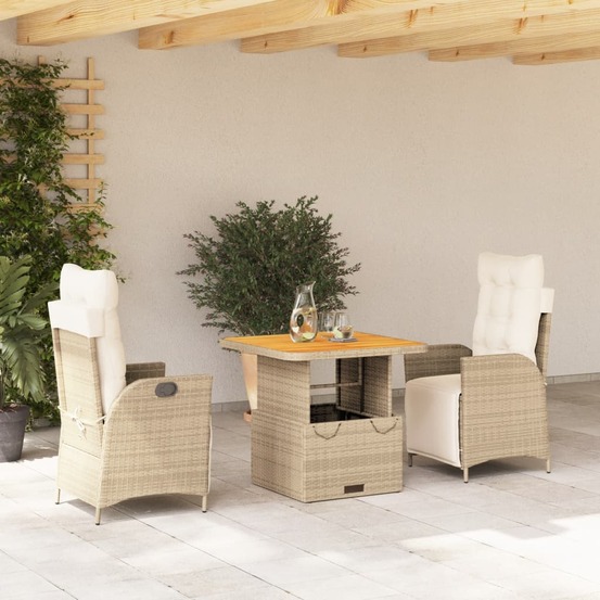 Ensemble à manger de jardin et coussins 3 pcs beige poly rotin