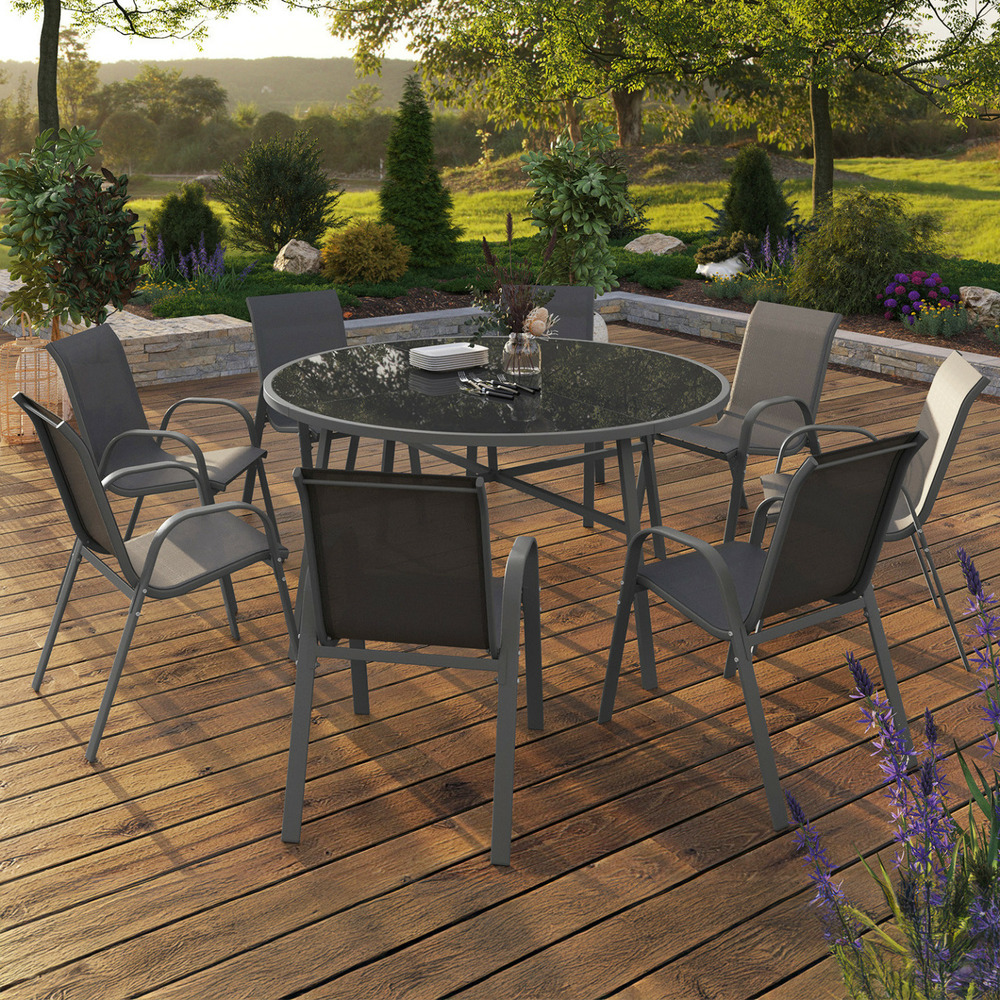 Salon de jardin madrid table ronde 150 cm et 8 chaises empilables gris anthracite