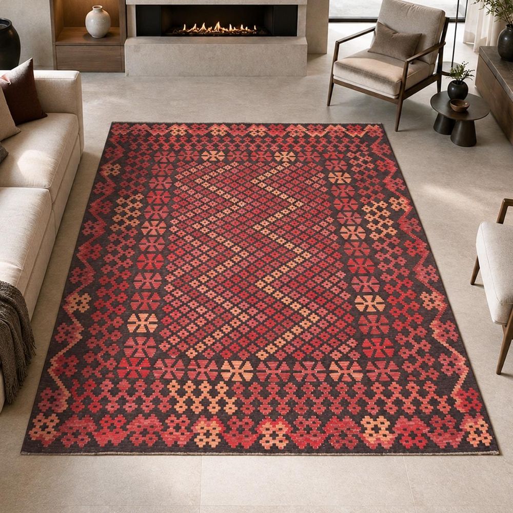 Tapis kilim, 207 x 292 cm, rouge, beige et noir, en laine, kilim 95